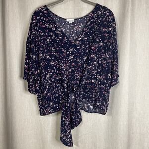 Thread & Clover Navy Floral Blouse - V-neck - Tye-Front - Size XL